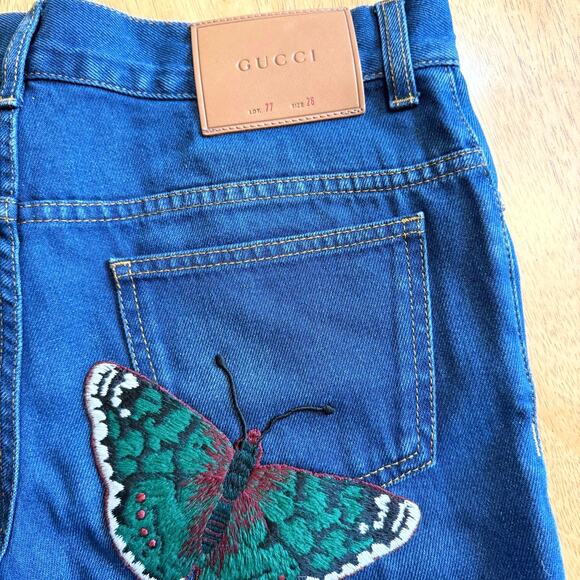 Gucci Embroidered Butterfly & Bumblebee Patch Flare Denim Jeans - Picture 1 of 10